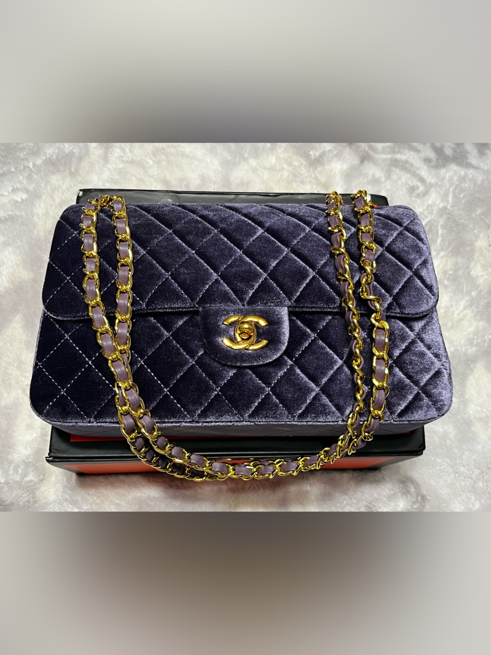 Double C Purple Quilted Gold Tone Velvet Classic Flap Designer Bag Purse